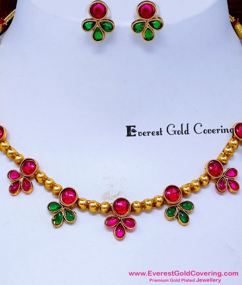 NLC1710 - New Green and Pink Stone Antique Necklace Matching Saree