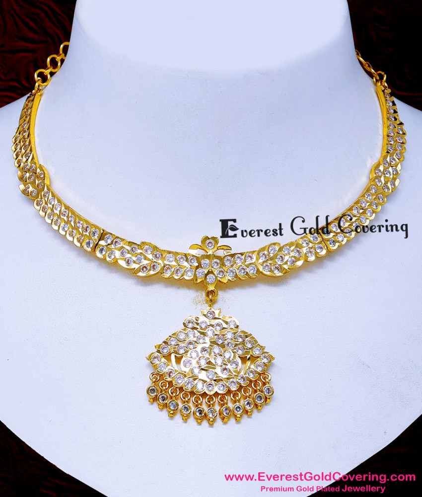 NLC1727 - First-Quality Impon White Stone Attigai Necklace Design