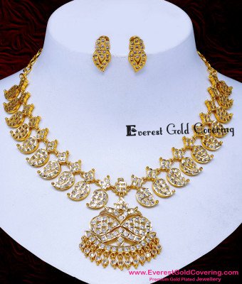 NLC1729 - Real Gold Look White Stone Impon Mango Necklace Set