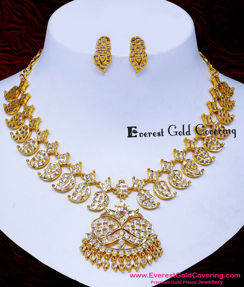 NLC1729 - Real Gold Look White Stone Impon Mango Necklace Set