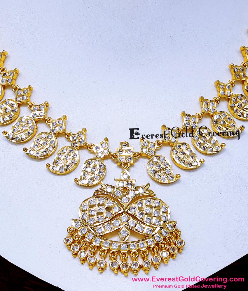 NLC1729 - Real Gold Look White Stone Impon Mango Necklace Set