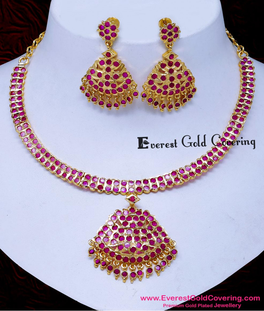 NLC1731 - Impon Ruby Stone Attigai Necklace Set for Wedding