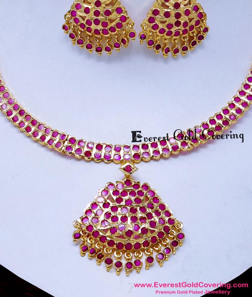 NLC1731 - Impon Ruby Stone Attigai Necklace Set for Wedding