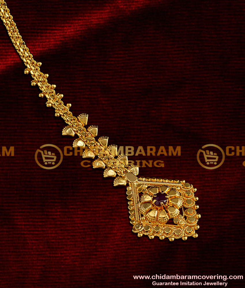NCT006 - Trendy Diamond Shape Leaf Design Red Stone Gold Plated Nethichutti / Maang Tikka Buy Online
