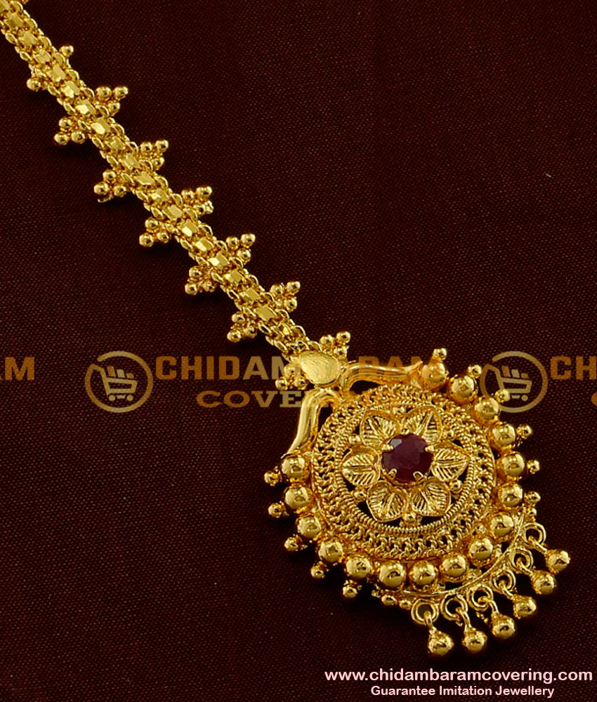 NCT010 - 1 Gm Gold Plated Beautiful Design Nethi Chutti / Maang Tikka with Gold Beads Buy Online