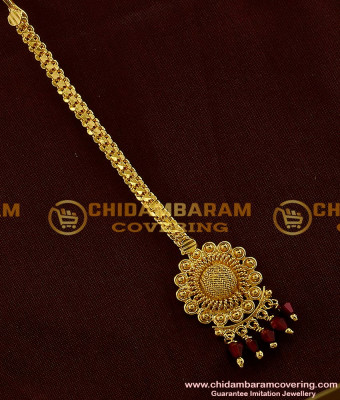 NCT013 - Beautiful Gold Plated Flower Design Forehead Piece / Maang Tikka with Red Ruby Beads Hanging