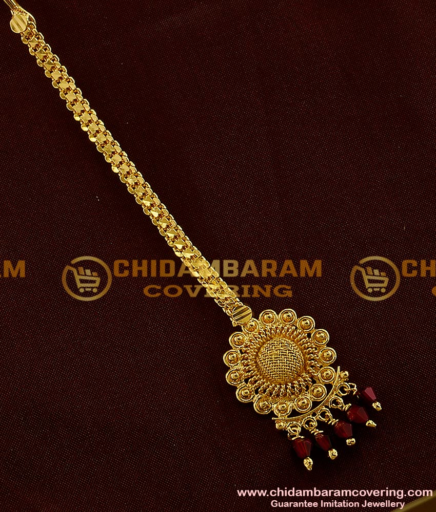 NCT013 - Beautiful Gold Plated Flower Design Forehead Piece / Maang Tikka with Red Ruby Beads Hanging