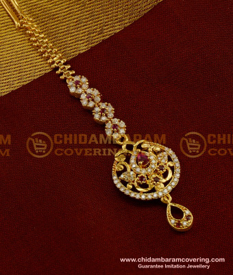 NCT028 - Ruby Stone and White Stone Round Shape CZ Maang Tikka Designs Online
