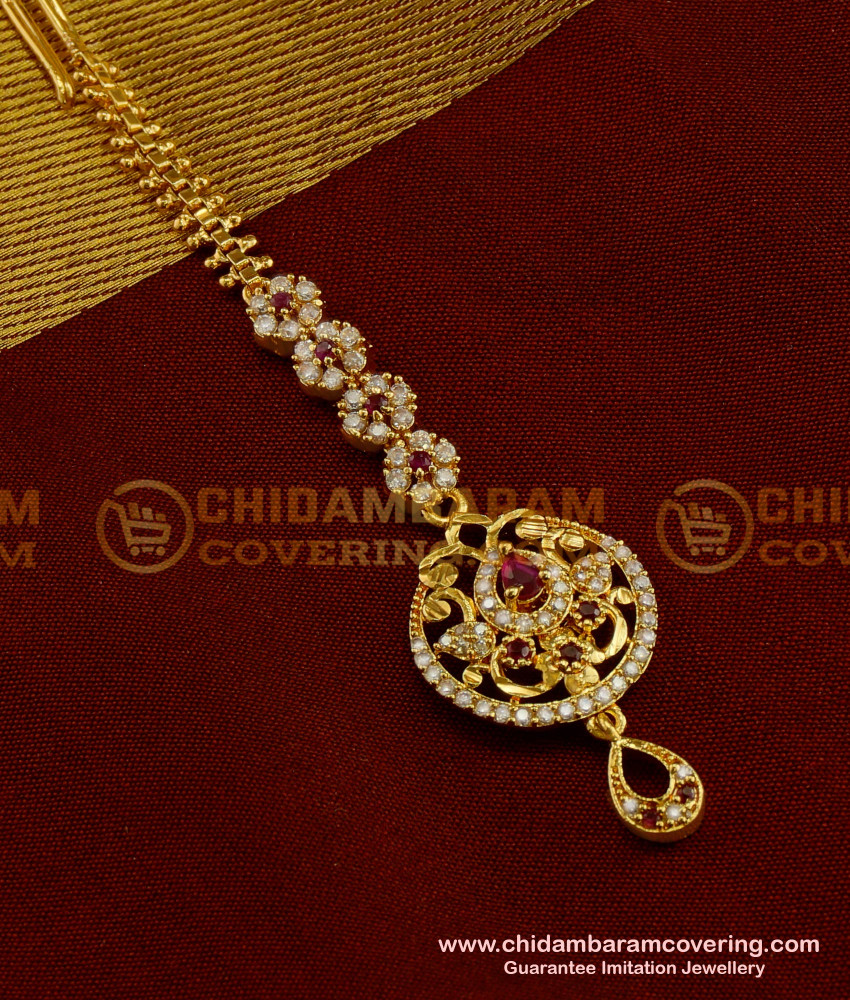 NCT028 - Ruby Stone and White Stone Round Shape CZ Maang Tikka Designs Online