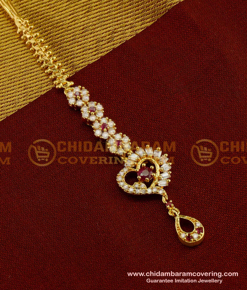 NCT033 - Sparkling Heart Shape One Gram Gold CZ Maang Tikka Designs 