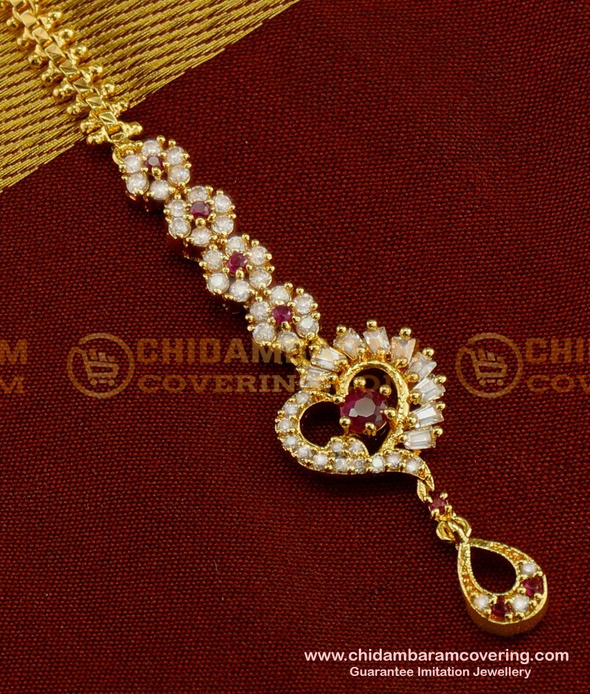 NCT033 - Sparkling Heart Shape One Gram Gold CZ Maang Tikka Designs 