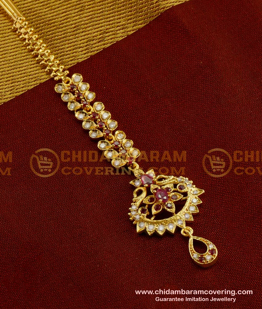 NCT046 - Fashionable White Stone Ruby Stone Fancy Bridal Wear Maang Tikka Design 