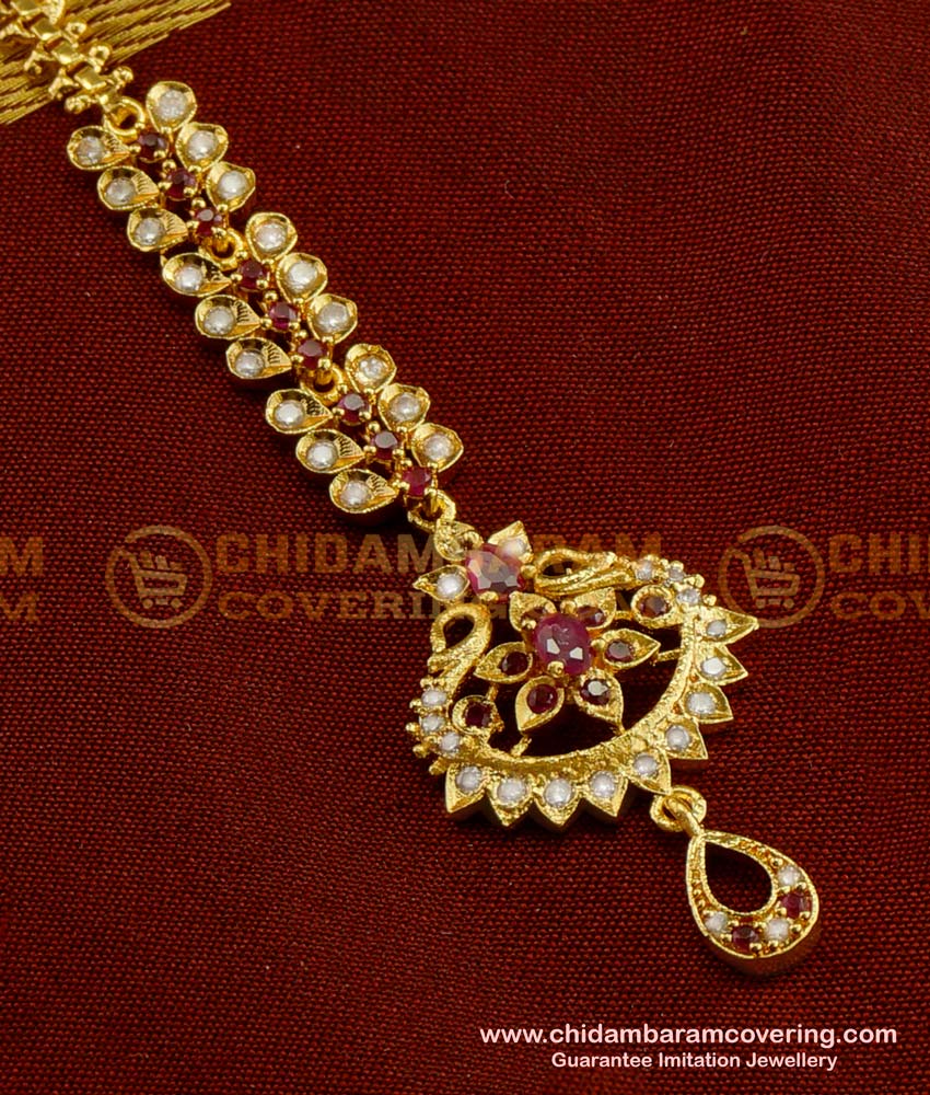 NCT046 - Fashionable White Stone Ruby Stone Fancy Bridal Wear Maang Tikka Design 
