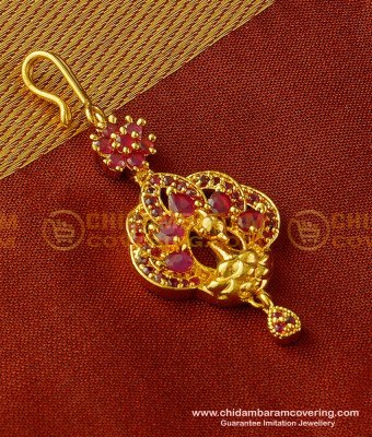 NCT064 - Unique Party Wear Ruby Stone Peacock Design Short Papidi Billa| Maang Tikka Collections Online