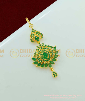 NCT096 - Cute Small Size Emerald Stone Gold Design Maang Tikka for Round Face