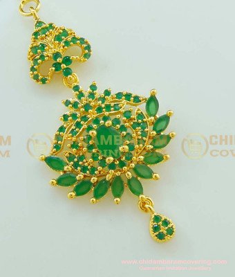 NCT096 - Cute Small Size Emerald Stone Gold Design Maang Tikka for Round Face