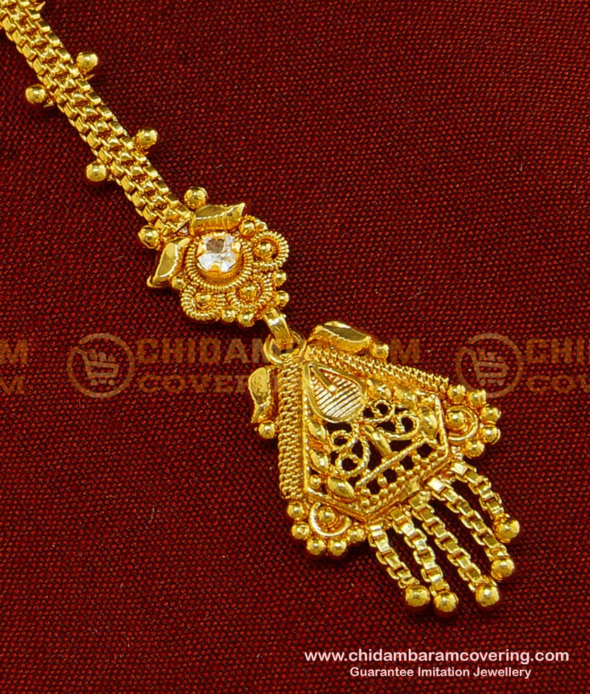 NCT118 - Gold Plated Maang Tikka Single Ruby White Stone Light Weight Bridal Wear Nethi Chutti Designs