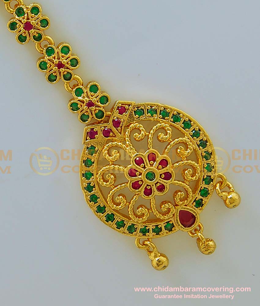 NCT131 - Attractive Gold Plated Emerald Ruby Stone Designer Flower Design Nethi Chutti| Maang Tikka Buy Online