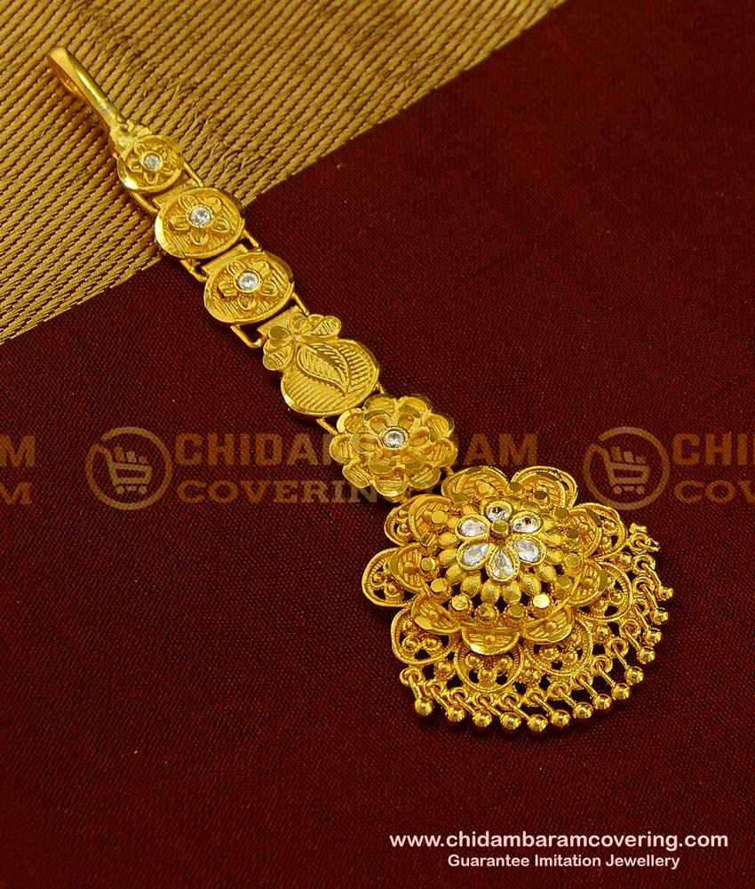 NCT136 - Unique Sparkling Flower Design One Gram Gold Maang Tikka Design