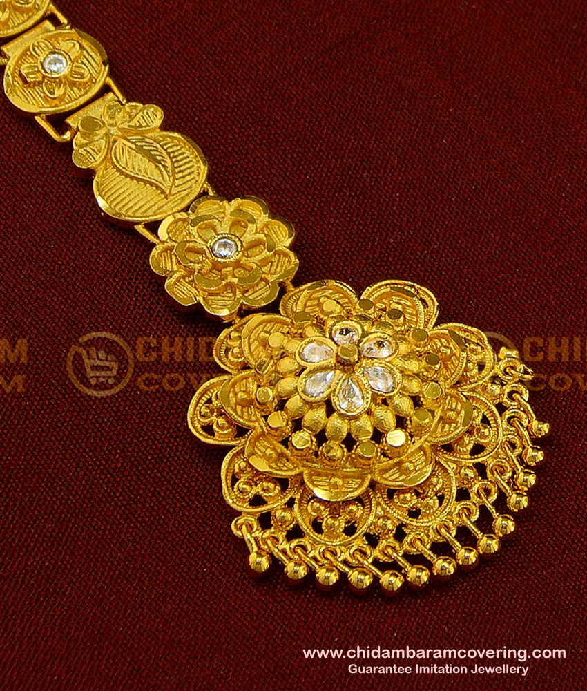 NCT136 - Unique Sparkling Flower Design One Gram Gold Maang Tikka Design