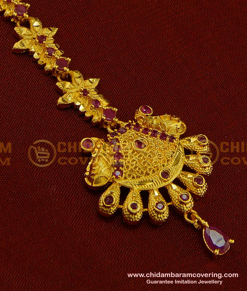 NCT138 - Real Gold Design Gold Forming Red Stone Designer Maang Tikka Papidi Billa Design 