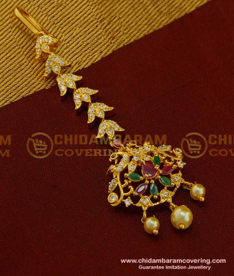 NCT142 - Elegant Party Wear Cz Stone Peacock Design Pearl Beaded Papidi Billa| Maang Tikka 