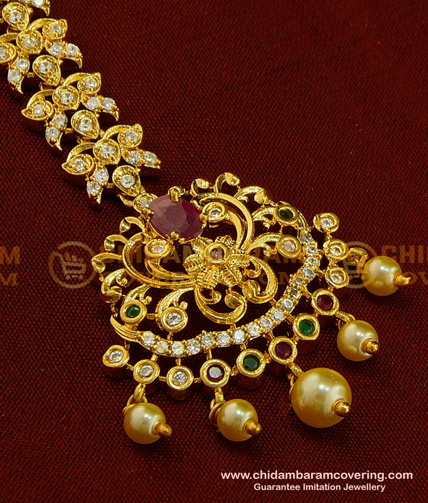 NCT143 - New Fashion gold plated Party Wear Pearl Beads Papidi Billa| Stone Maang Tikka