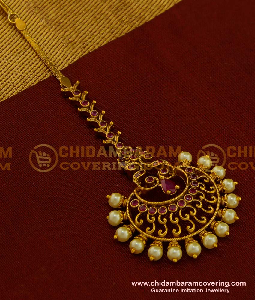 NCT146 - Party Wear Antique Big Round Maang Tikka Pearl Beads Punjabi Maang Tikka Online 