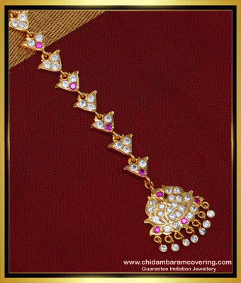 NCT192 - Impon One Gram Gold White and Pink Stone Wedding Nethichutti Bridal Wear Maang Tikka 