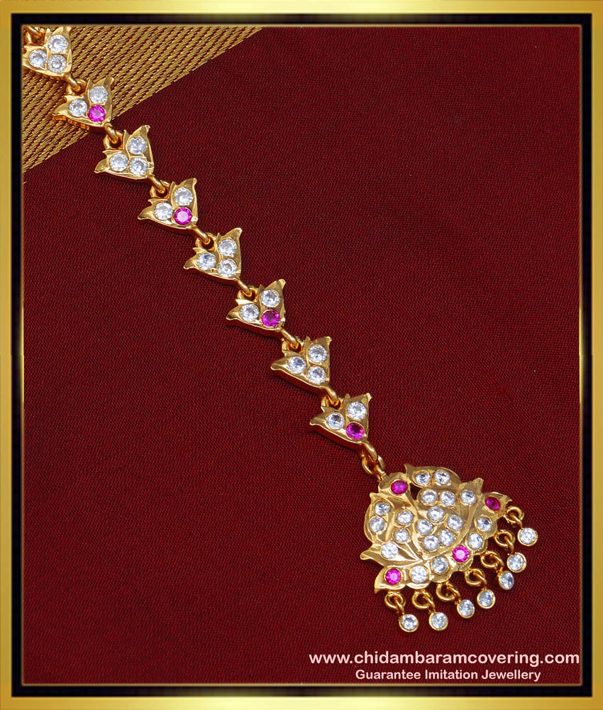 NCT192 - Impon One Gram Gold White and Pink Stone Wedding Nethichutti Bridal Wear Maang Tikka 