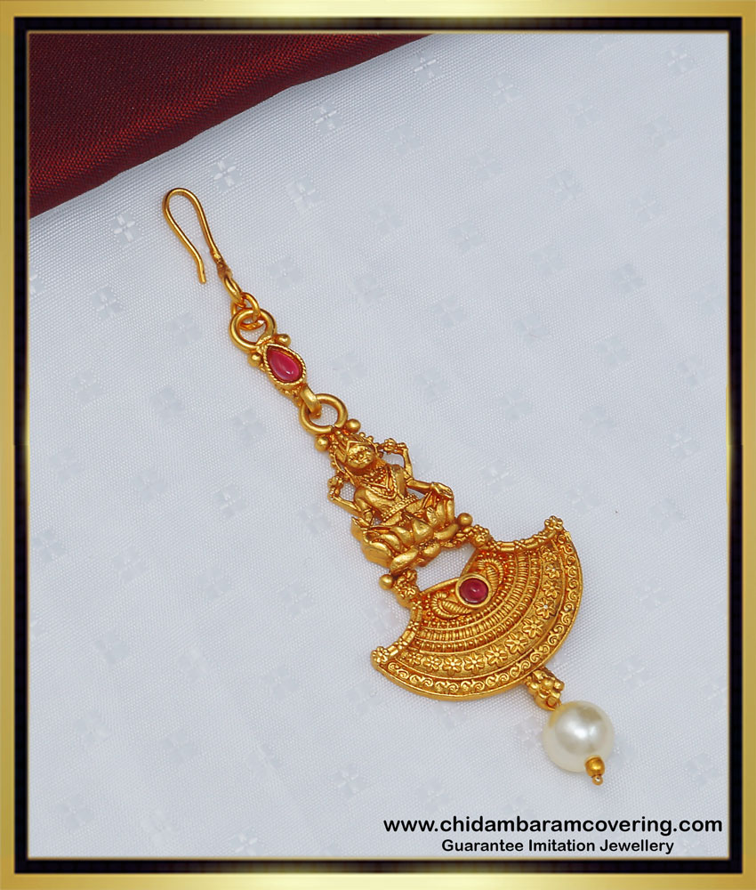 NCT204 - Elegant Short Papidi Billa Temple Jewellery Kemp Stone Lakshmi Maang Tikka for Girls