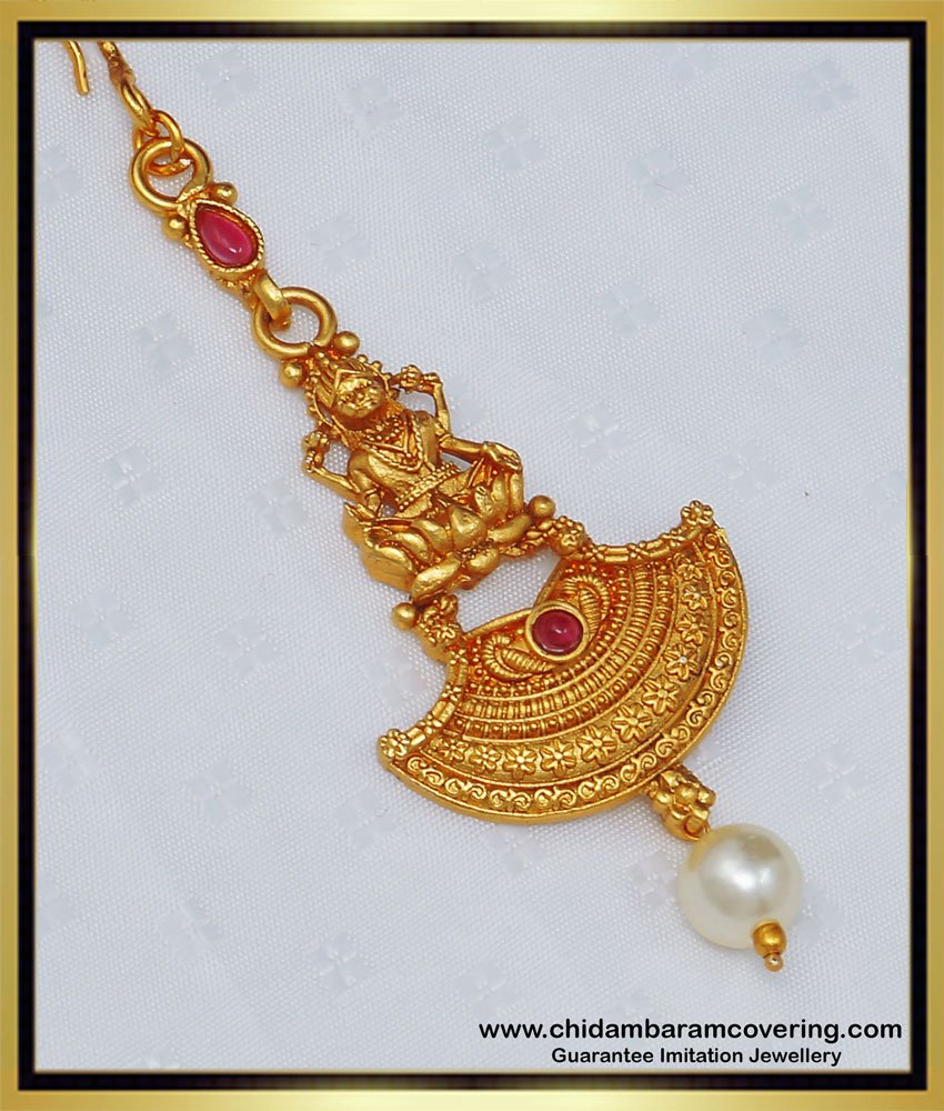NCT204 - Elegant Short Papidi Billa Temple Jewellery Kemp Stone Lakshmi Maang Tikka for Girls