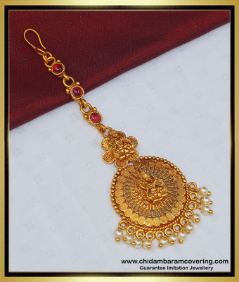 NCT207 - Premium Quality Antique Gold Design Stone Lakshmi Design with Pearl Maang Tikka for Bride
