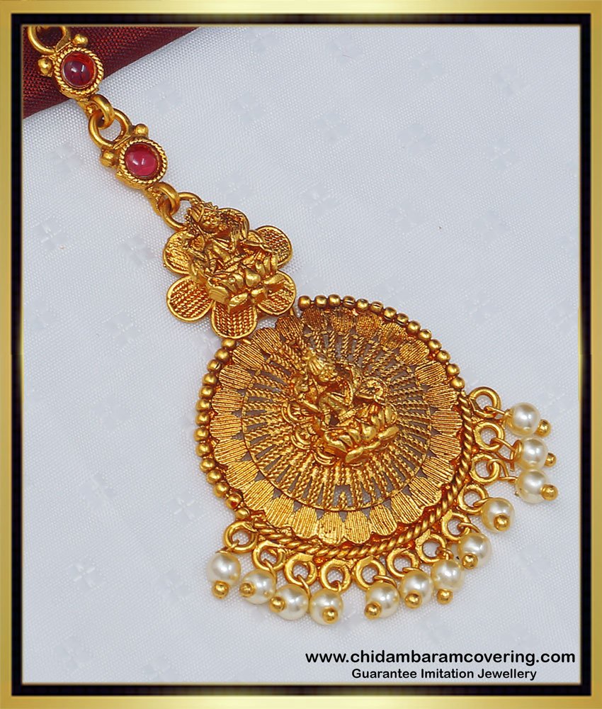 NCT207 - Premium Quality Antique Gold Design Stone Lakshmi Design with Pearl Maang Tikka for Bride