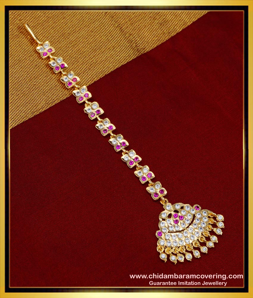 NCT218 - Real Gold Design Gold Plated White and Ruby Stone Maang Tikka for Wedding 