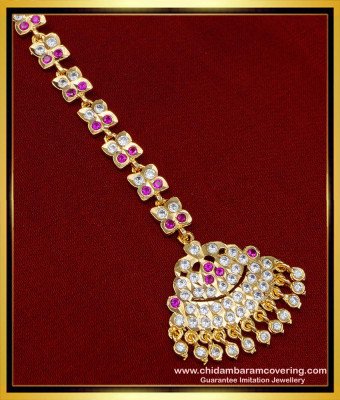 NCT218 - Real Gold Design Gold Plated White and Ruby Stone Maang Tikka for Wedding 