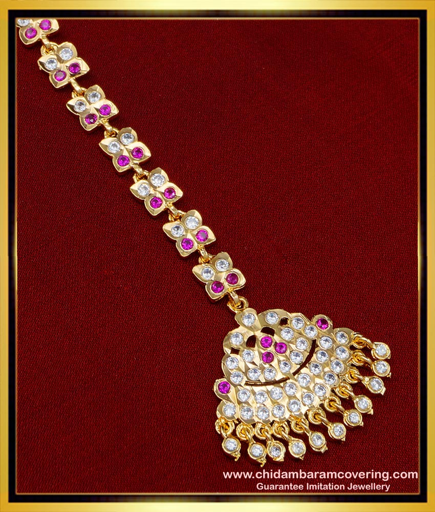 NCT218 - Real Gold Design Gold Plated White and Ruby Stone Maang Tikka for Wedding 