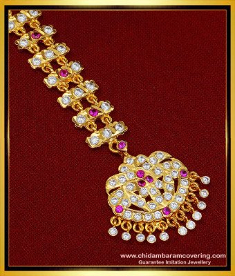NCT222 - Bridal Wedding Nethi Chutti Gold Design White and Pink Stone 2 Line Impon Maang Tikka Online