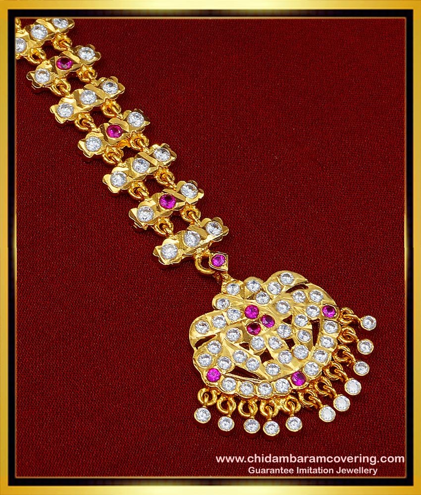 NCT222 - Bridal Wedding Nethi Chutti Gold Design White and Pink Stone 2 Line Impon Maang Tikka Online