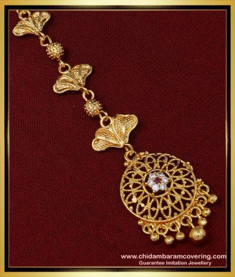 NCT228 - Elegant White and Ruby Stone Maang Tikka Gold Design One Gram Jewellery