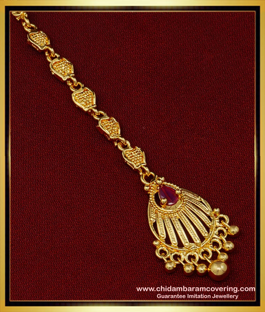 NCT230 - New Ruby Stone Simple Modern Gold Maang Tikka Design for Wedding 