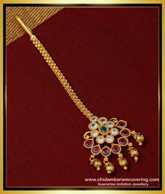 NCT232 - South Indian Bridal Wear Kemp Stone Nethichutti Design 1 Gram Gold Maang Tikka Online