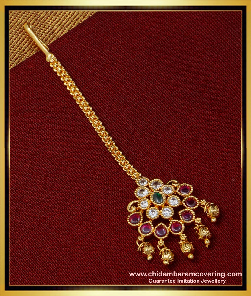 NCT232 - South Indian Bridal Wear Kemp Stone Nethichutti Design 1 Gram Gold Maang Tikka Online