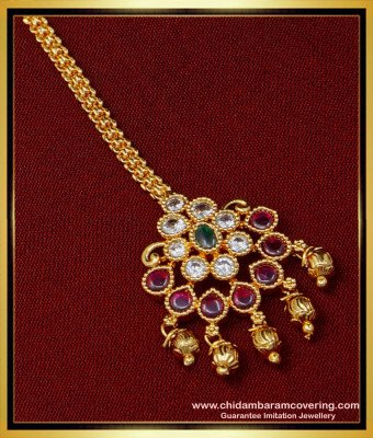 NCT232 - South Indian Bridal Wear Kemp Stone Nethichutti Design 1 Gram Gold Maang Tikka Online