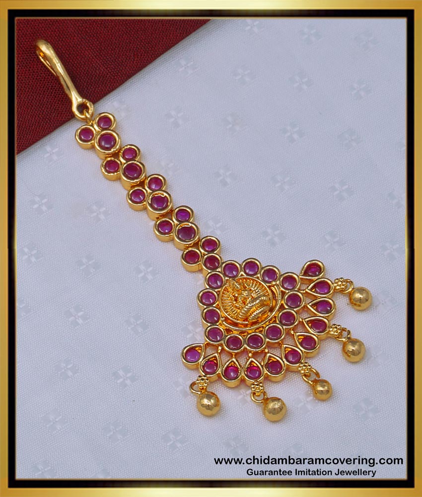NCT240 - Traditional Lakshmi Design One Gram Gold Kemp Stone Maang Tikka Designs