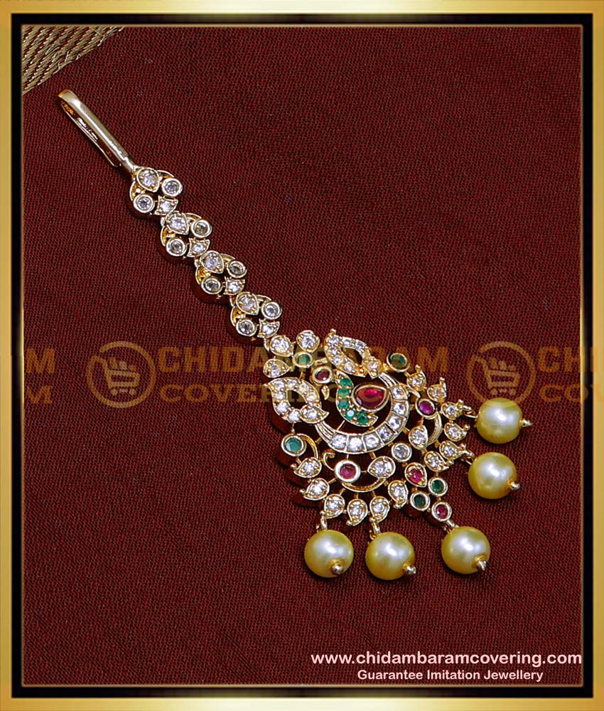 NCT302 - Elegant Ad Stone Party Wear Pearl Maang Tikka Online