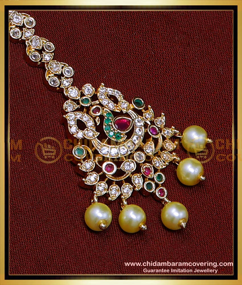 NCT302 - Elegant Ad Stone Party Wear Pearl Maang Tikka Online