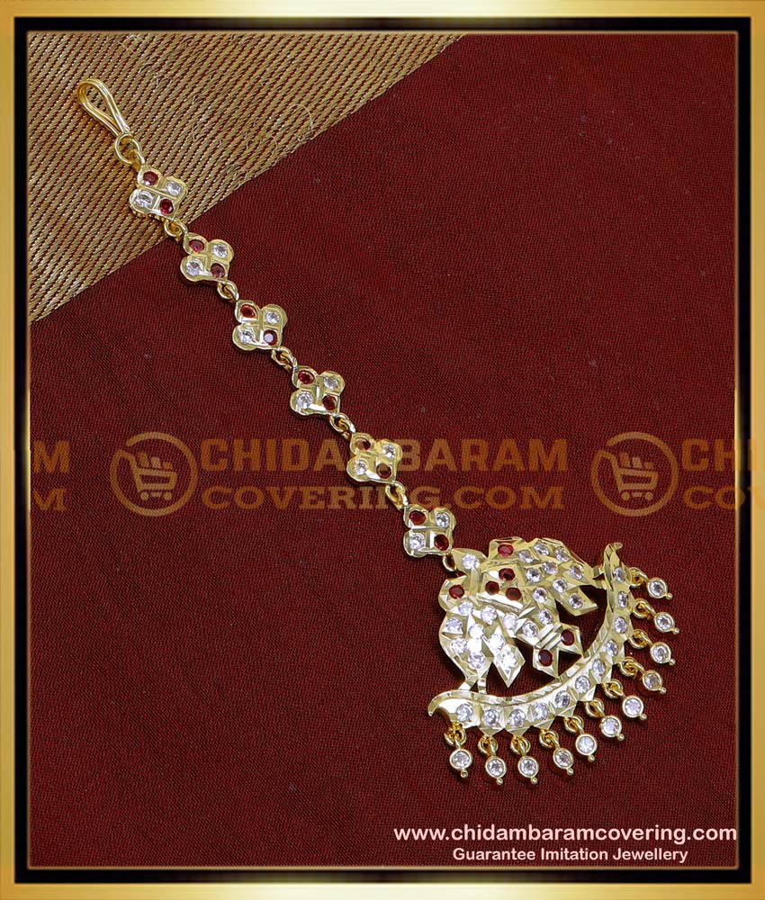 NCT304 - Impon White and Ruby Stone Maang Tikka Gold Design