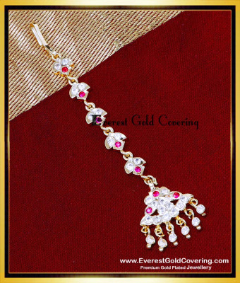 NCT335 - 1 Gram Gold White and Ruby Stone Small Maang Tikka
