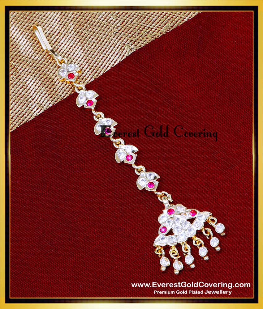 NCT335 - 1 Gram Gold White and Ruby Stone Small Maang Tikka